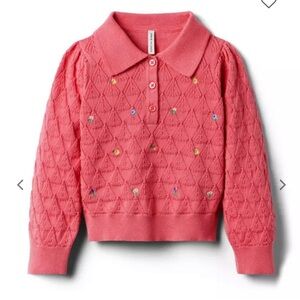 Janie And Jack Size 3T Embroidered Floral Crochet Sweater Pink Coral Collared